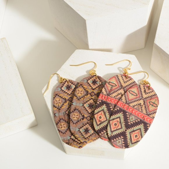 New 1 Pair Aztec Print Cork Teardrop Earrings-Peach - Picture 2 of 2